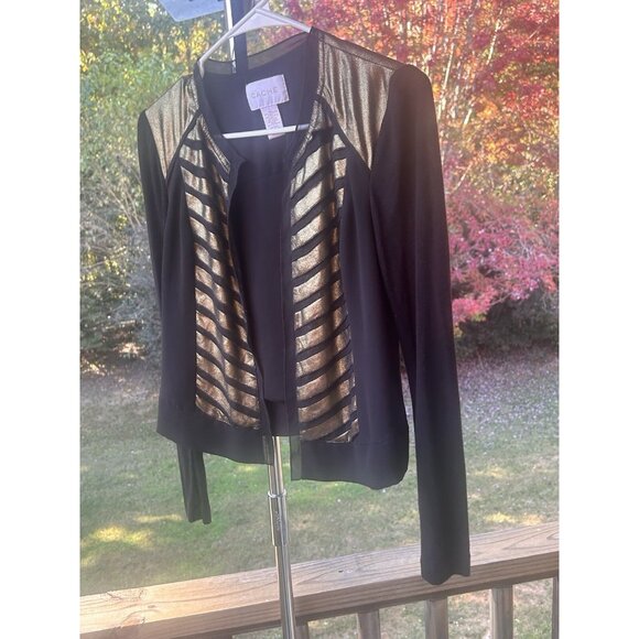 Cache Cardigan Jacket Open Front Top Black & Metallic Gold Holiday Party Size 0 - Picture 7 of 16